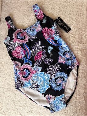 Catalina Black One-Piece Swimsuit Tank with Pink and Blue Floral Print L 12/14